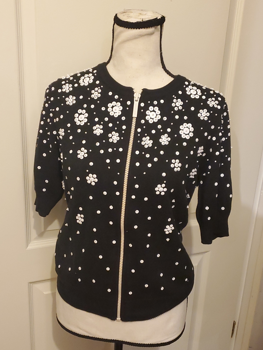 Michael Kors Black White Beaded Floral Zip Front Cardigan Sz S